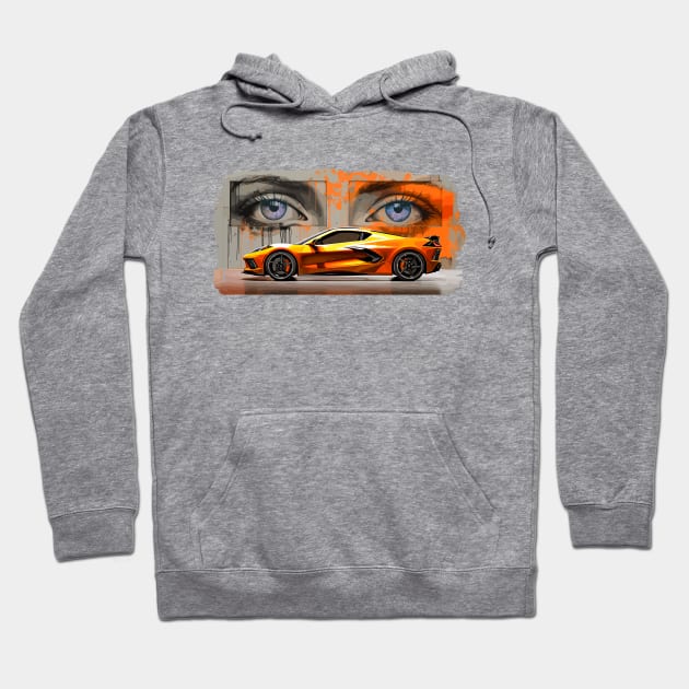 Amplify Orange C8 Corvette Stingray Sebring Orange Supercar in front of a wall of graffiti with blue eyes looking back at you Sports car American Muscle car race car Hoodie by Tees 4 Thee